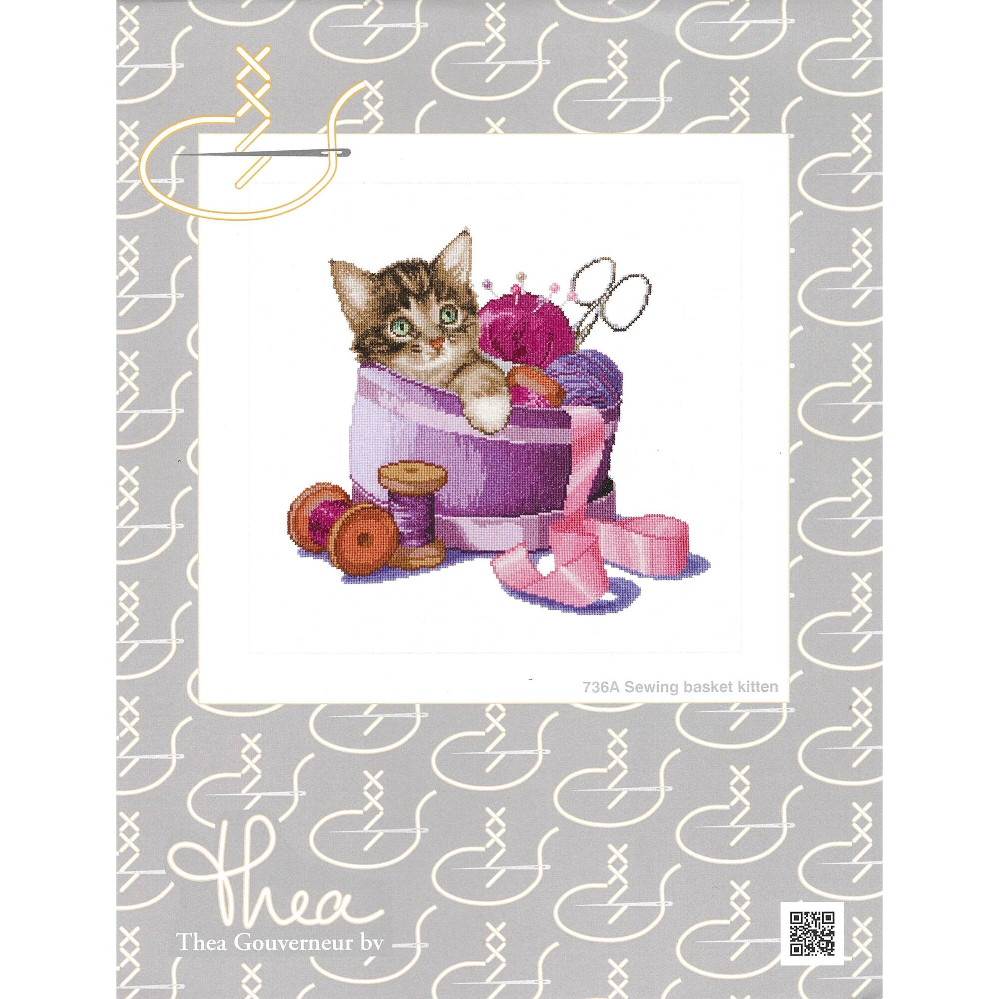 Thea Gouverneur Sewing Basket Kitten Cross Stitch Kit